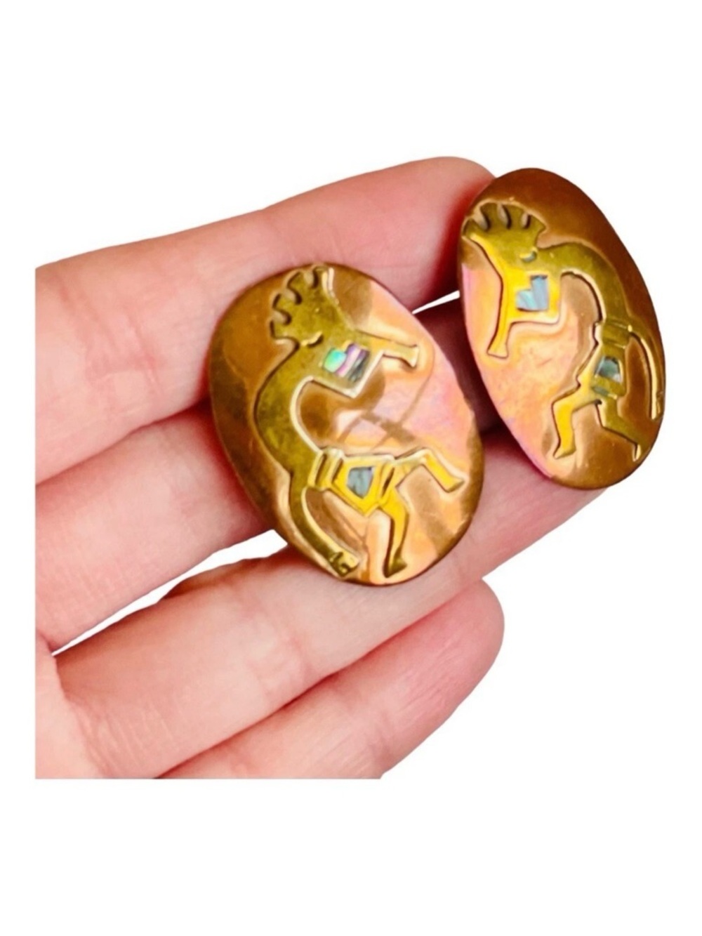 Vintage Copper & Brass with Abalone Shell Inlay Kokopelli Earrings